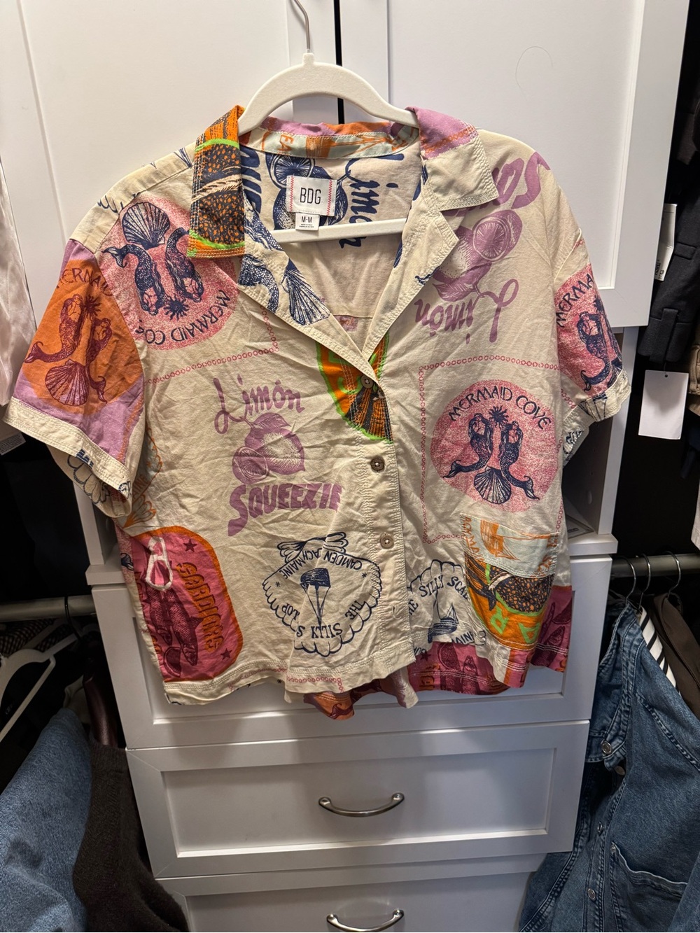 BDG Kids Short Sleeve Button-Up Shirt in Cream with Multicolor Prints
